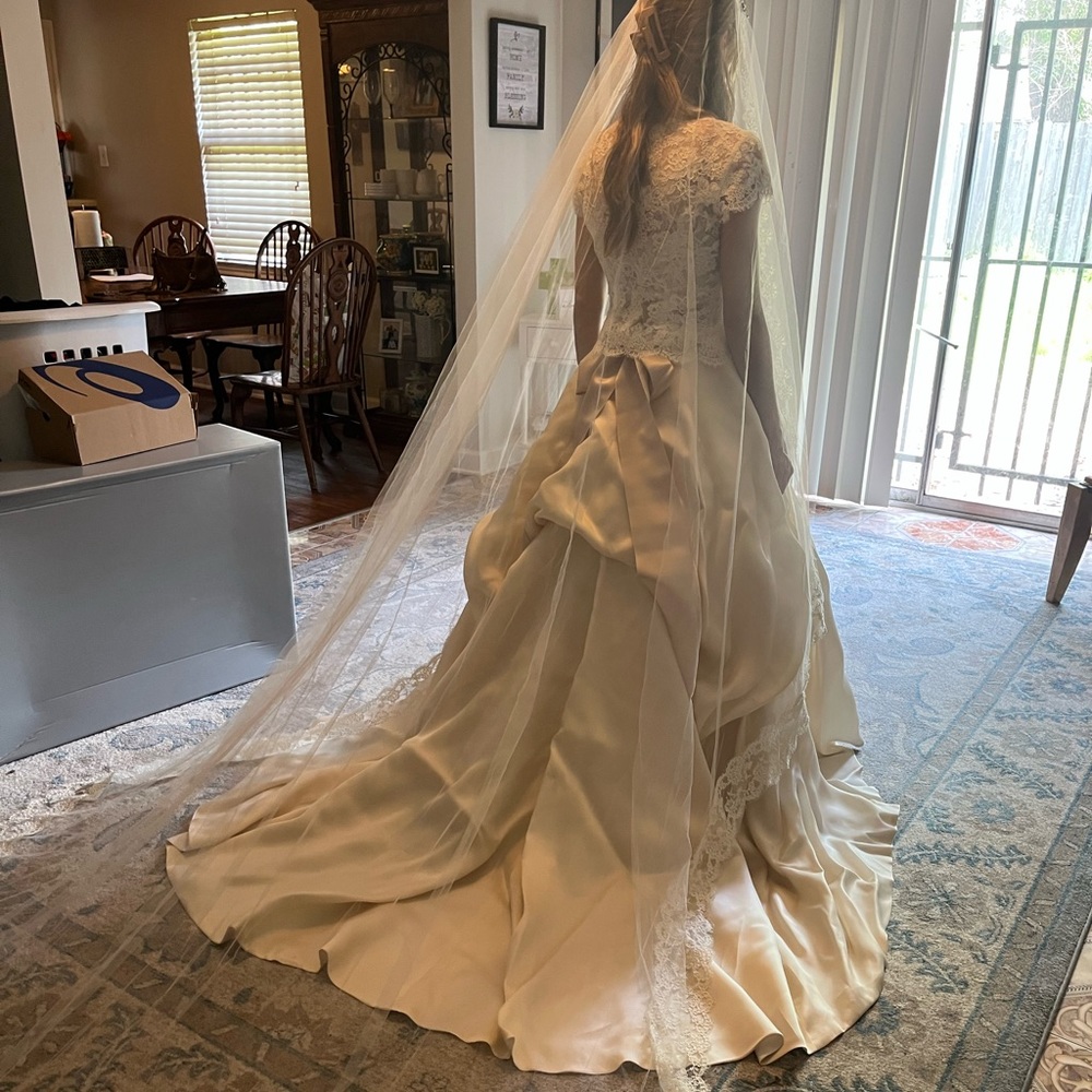 Monique Lhuillier dress, 4 pieces, skirt, shirt, lace top and bow.
